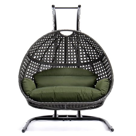 LEISUREMOD Wicker Hanging Double Egg Swing Chair with Dark Green Cushions EKDCH-57DG